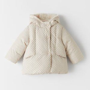 WRAP COLLAR PRINTED PUFFER JACKET ECRU